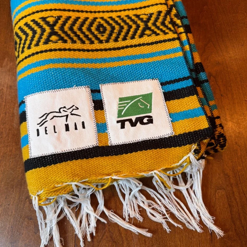 Del Mar TVG‎ Serape Blanket Turquoise Yellow Horse Racing Woven Fringe Baja